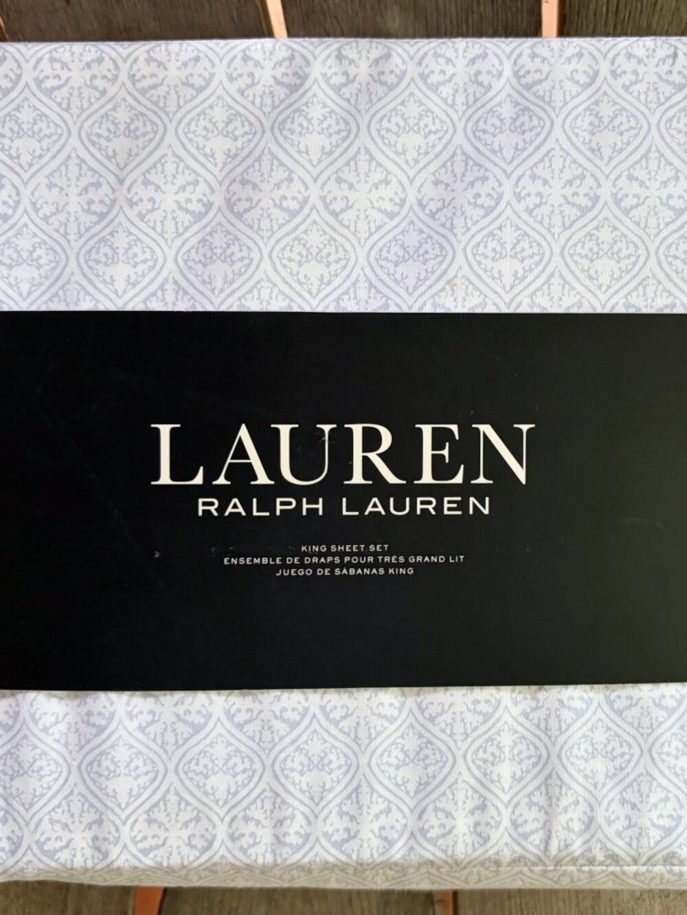 Ralph Lauren Light Blue Cotton King Size Sheet Set   Medallion Geometric Pattern